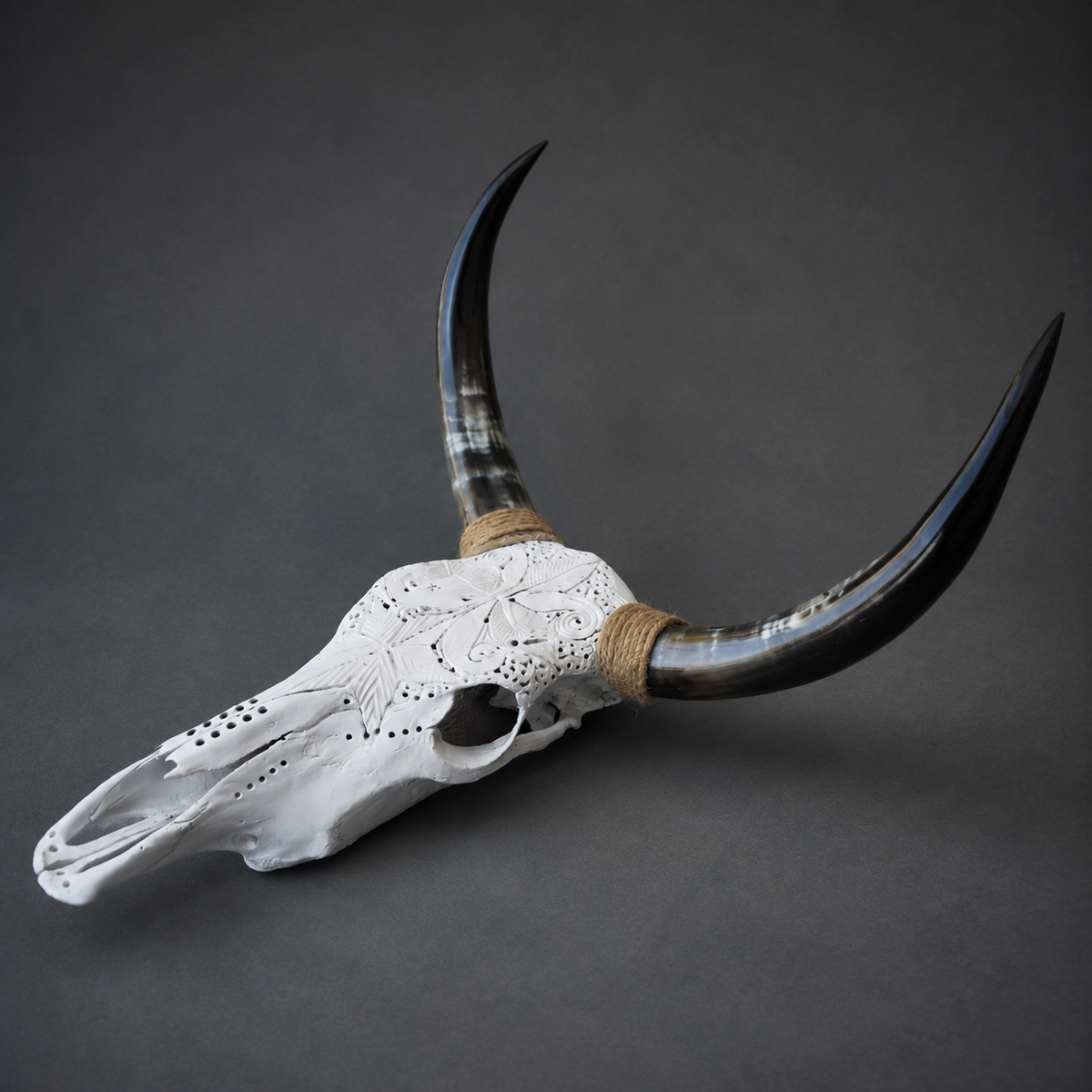 The Chrysalis artisanal carved cattle skull – left angle view