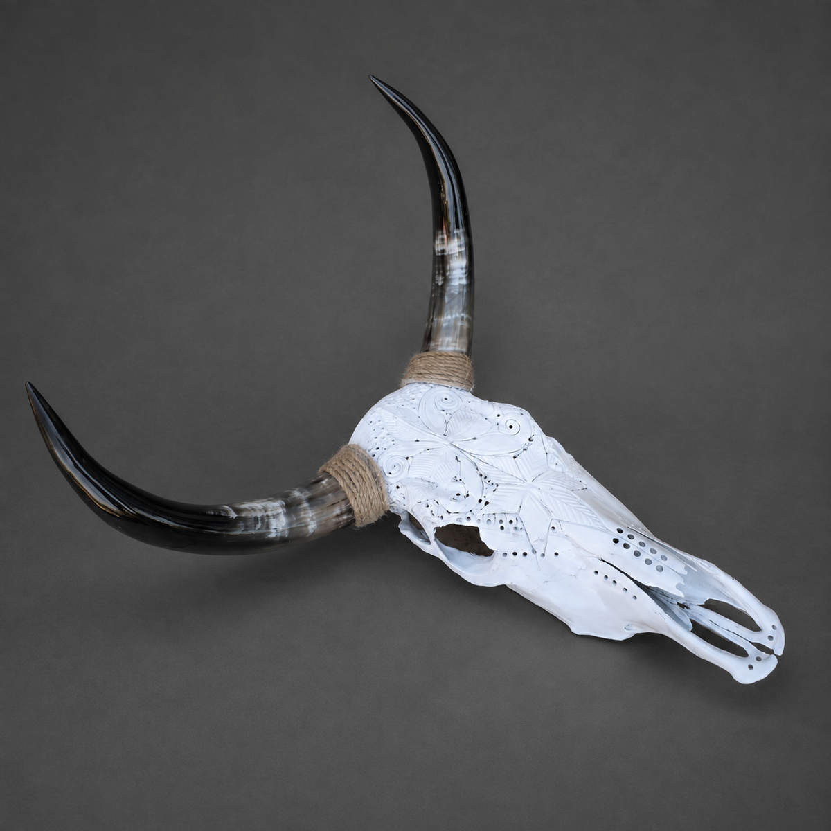 The Chrysalis artisanal carved cattle skull – right angle view