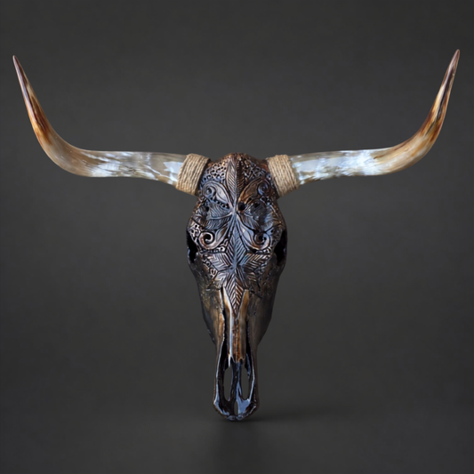 The Horizon artisanal carved cattle skull – front product view
