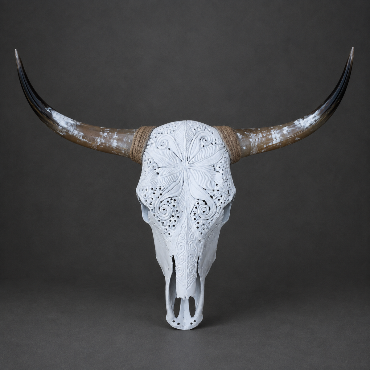 The Luminary artisanal carved cattle skull – front view