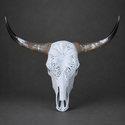 The Luminary artisanal carved cattle skull – front view