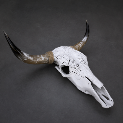 The Luminary artisanal carved cattle skull – right angle view