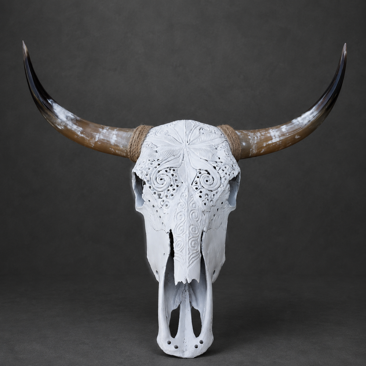 The Luminary artisanal carved cattle skull – front view
