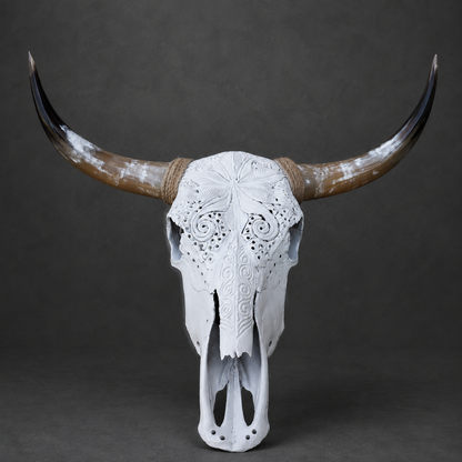 The Luminary artisanal carved cattle skull – front view