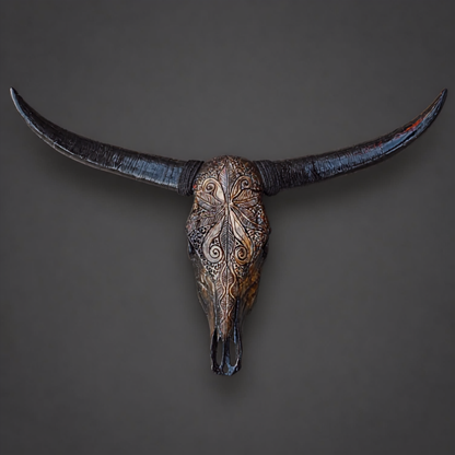 The Nocturne artisanal carved cattle skull – front product view