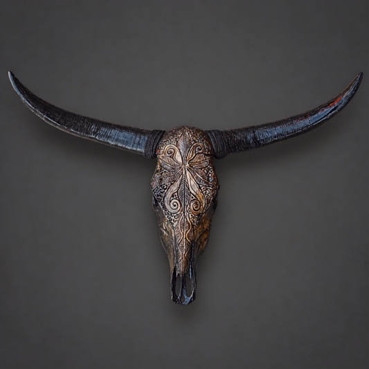 The Nocturne artisanal carved cattle skull – front product view