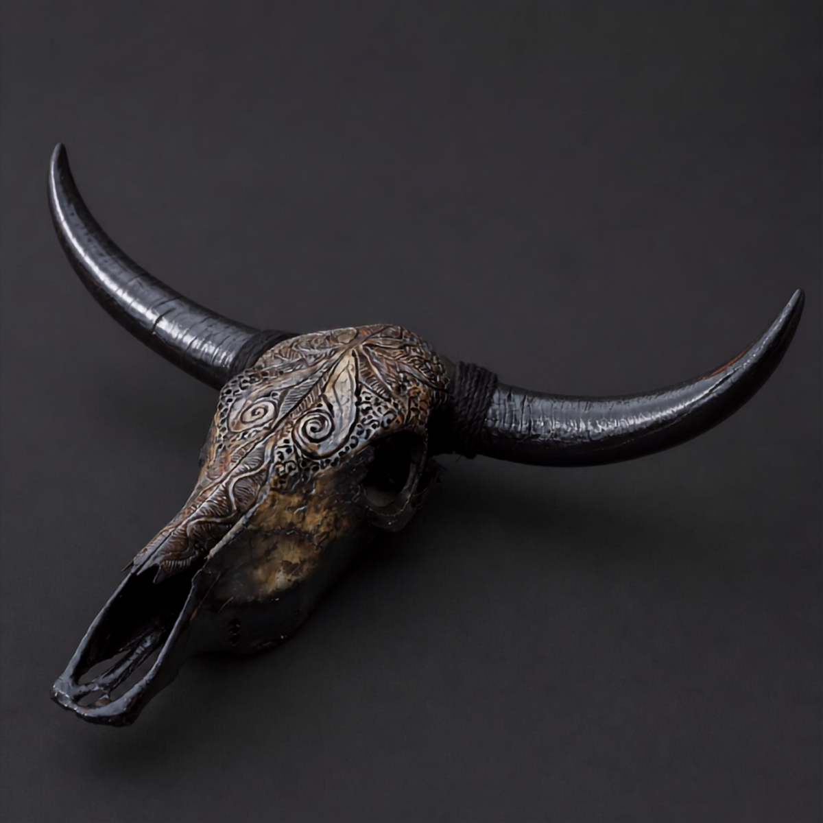 The Nocturne artisanal carved cattle skull – product view 2