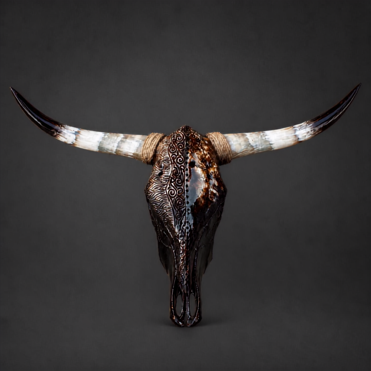 The Nomad artisanal carved cattle skull – front product view