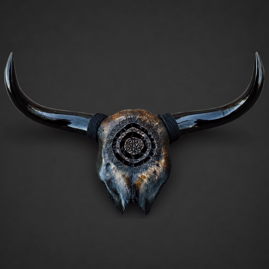 The Oracle artisanal carved cattle skull – front product view