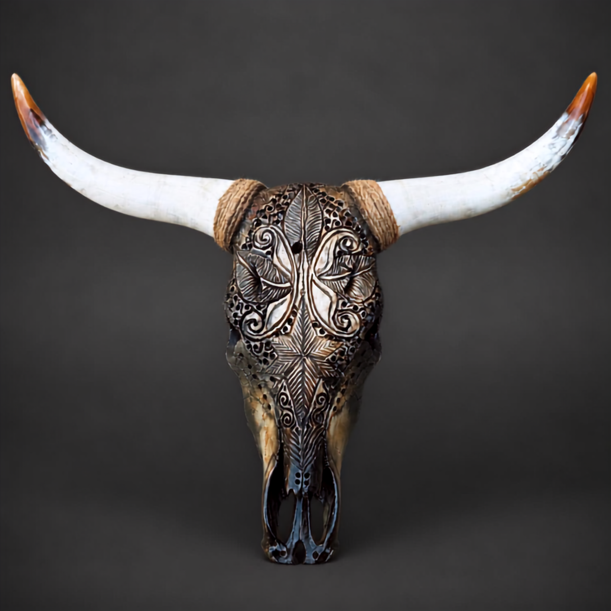 The Radiant artisanal carved cattle skull – front product view
