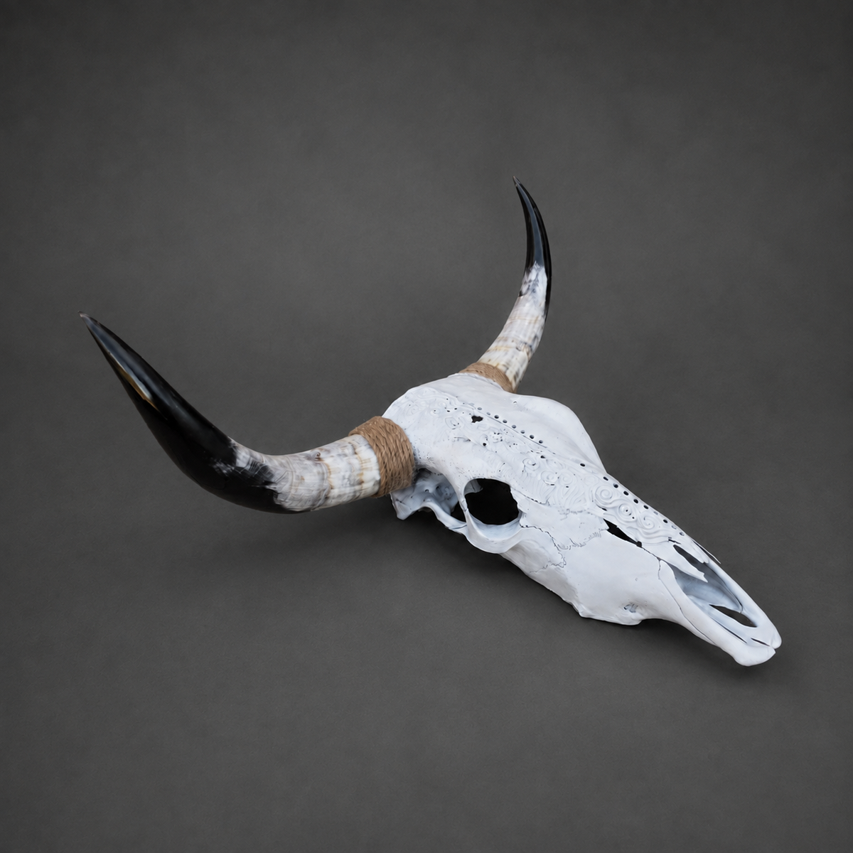 The Scribe artisanal carved cattle skull – right angle view